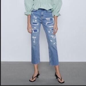Zara Jeans The HW Kick  Rip & Repair Slim Fit High Rise Straight Size 6